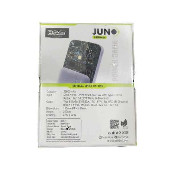 BOLT JUNO Power Bank – 20000mAh, Dual Output,Fast Charging - Image 2