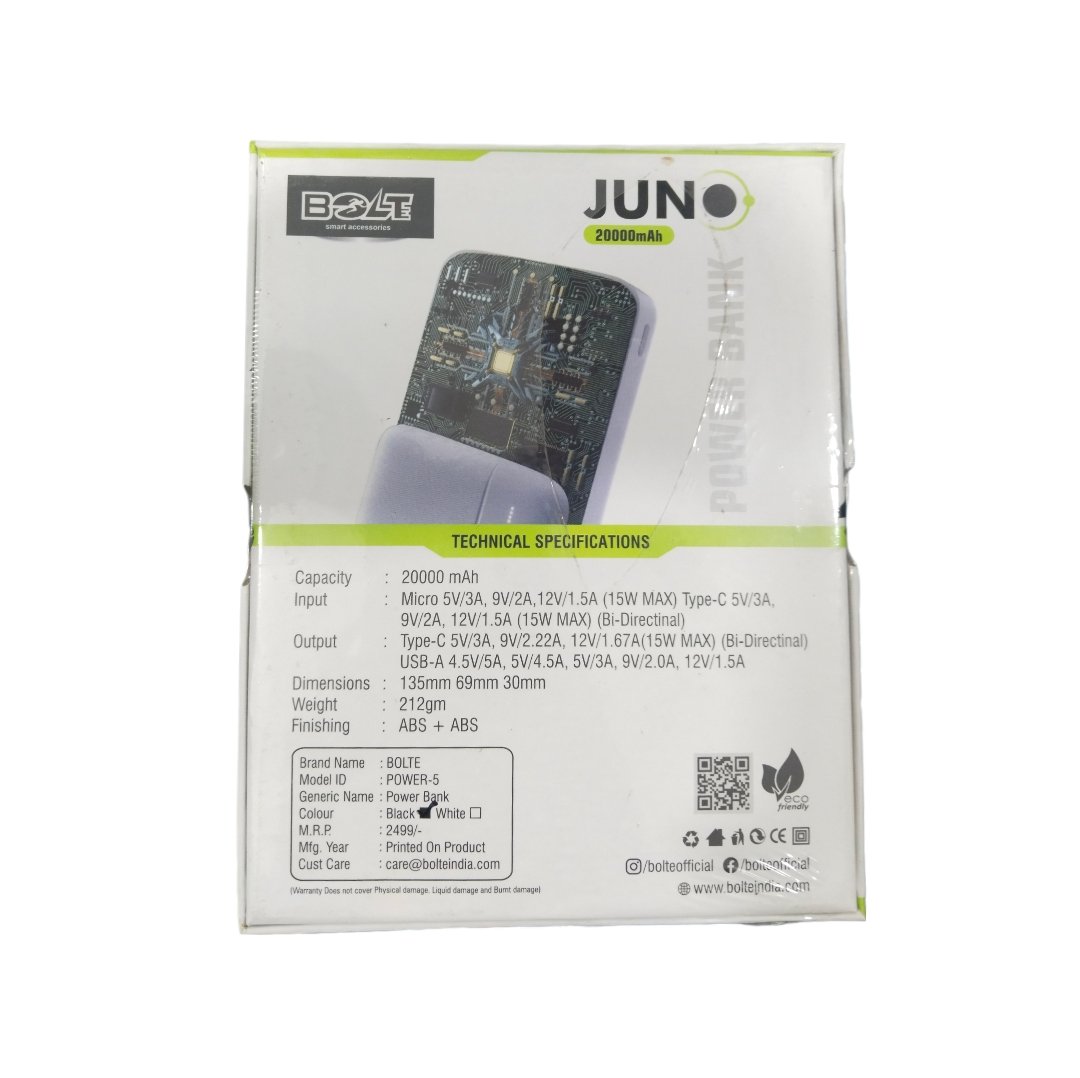 BOLT JUNO Power Bank – 20000mAh, Dual Output,Fast Charging