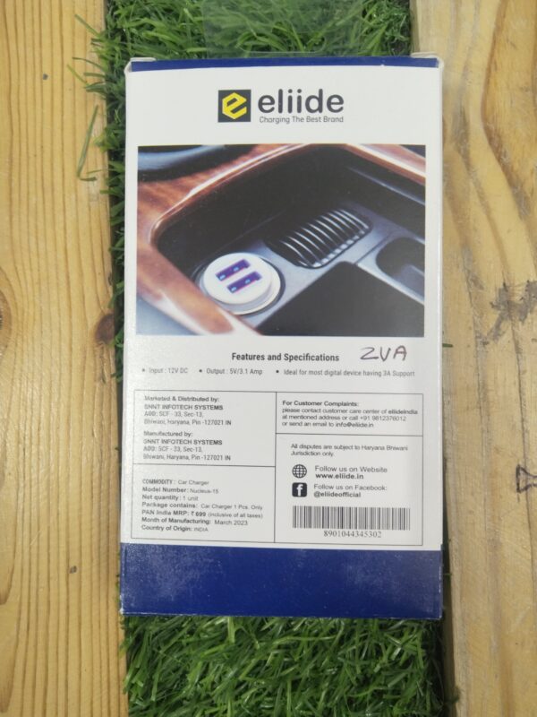 ELIIDE Nucleus-15 3.1A Dual USB Car Charger – 15W Fast Charging