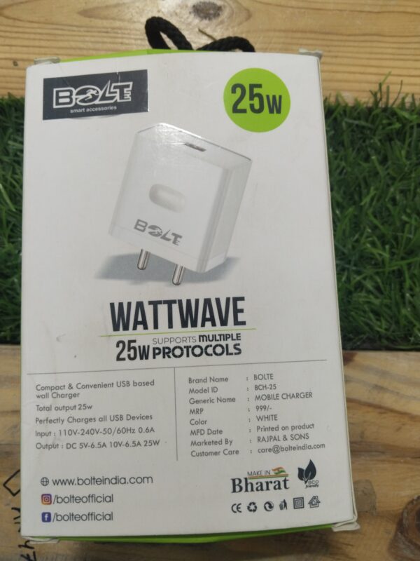 Bolt WATTWAVE 25W Fast Charger with Type-C Cable | Multiple Protocol Support | White - Image 2