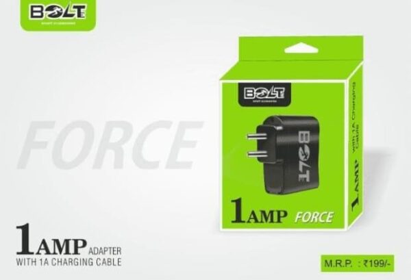 BOLT FORCE 1AMP Adapter | Compact USB Charger with 1A Charging Cable | Universal Compatibility | Black